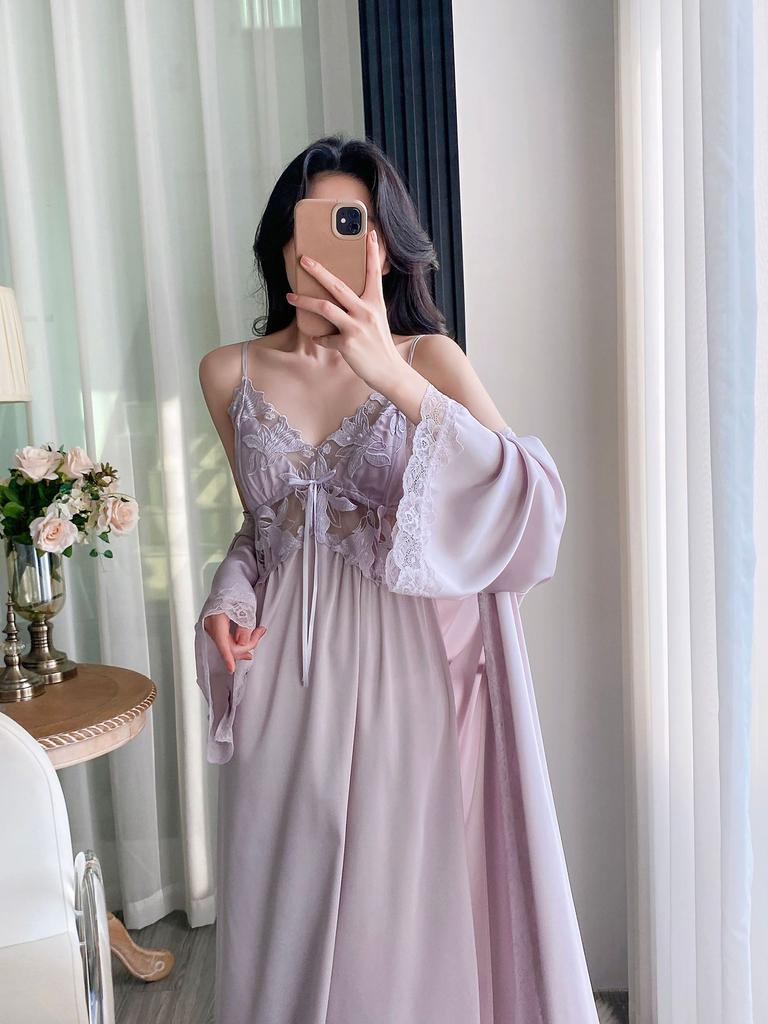 Ice silk pajamas women's spring and autumn long suspender pajamas, two summer pure desire sexy long skirts with chest pads, and robes