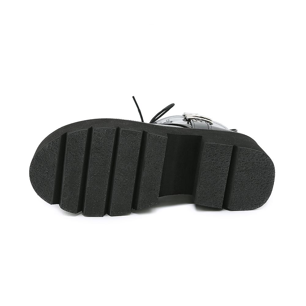 Gdgydh Sexy Gürtelschnalle Damen Plateau Kampfstiefel Pantent Leder Herbst Winter Lace Up Goth Booties Blockabsatz Dunkle Schwärze