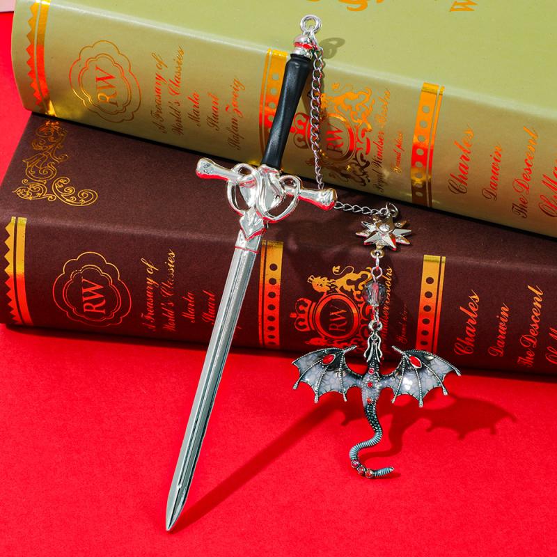 Sword-Shaped Weapon Model Metal Bookmark With Double-Winged Dragon Pendant Book Lovers Reading Accessories Birthday Gift