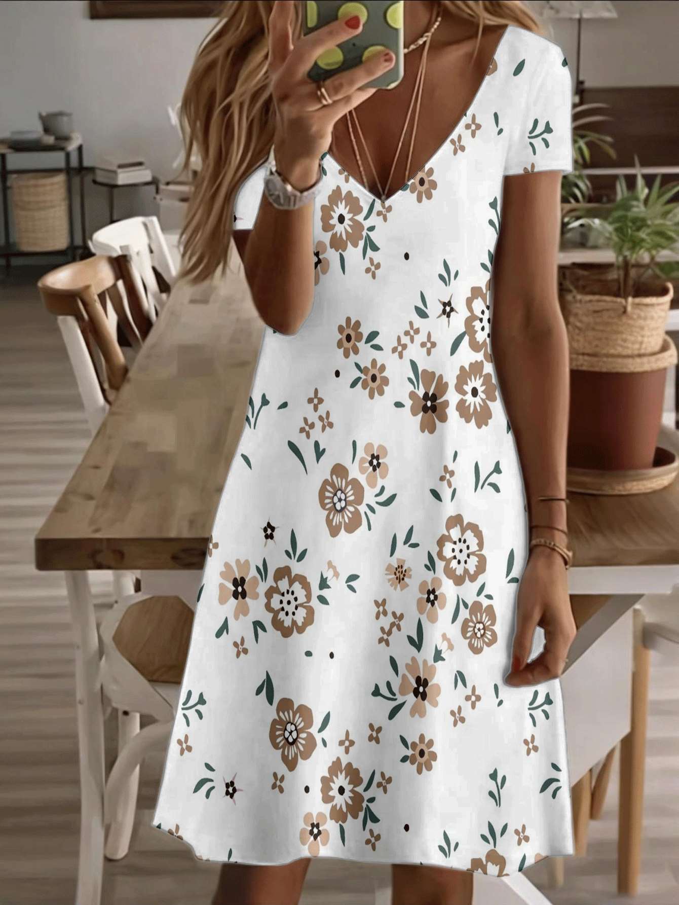 

Vneck shortsleeve midi dress floral summer women brown beige flower print pattern 3D premium printing durable casual fashion elegant breathable soft f XL дубильна кора
