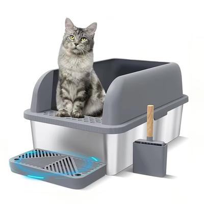 Die neue zweifarbige, einfach zu bedienende Katzenklo-Box für Haustiere mit flacher Schräge vorne und offener Katzentoilette aus Edelstahl ist langlebig