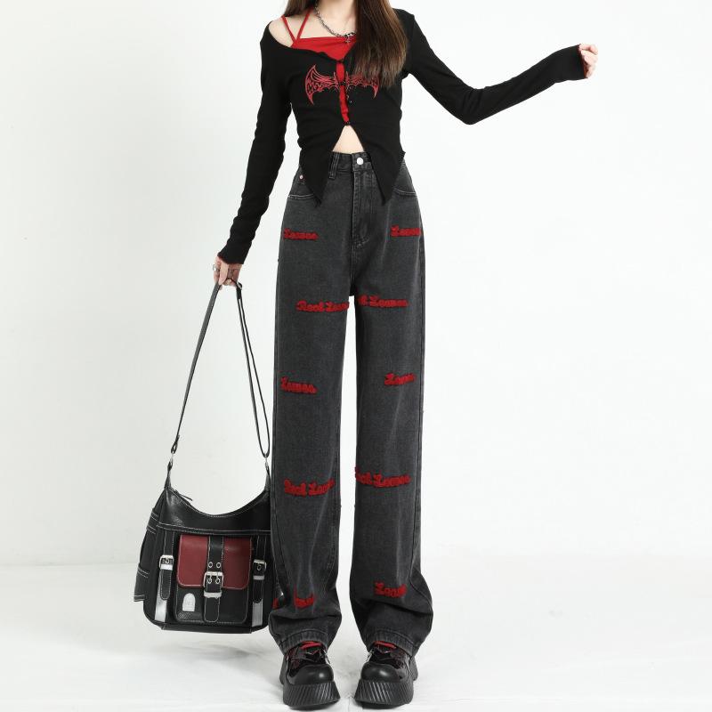 American high street embroidered jeans women's autumn new loose wide-leg straight high-waisted long pants American