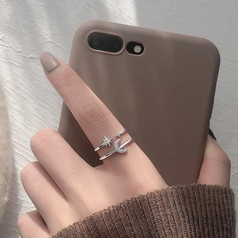 ANENJERY Farbe süßer und romantischer Doppelschicht-Stern-Mond-Öffnungsfingerring für Frauen Hochzeit Silberfarbener Ring Schmuck