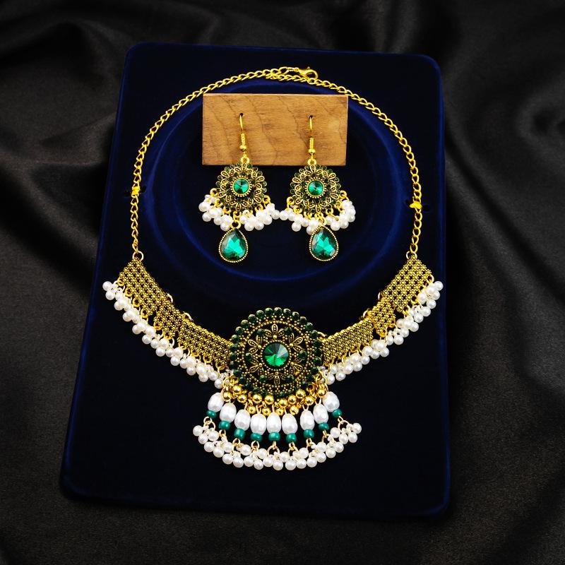 Metal Rose Necklace, Exotic Retro Ruby Earrings, Fashionable Literary Tassel Set