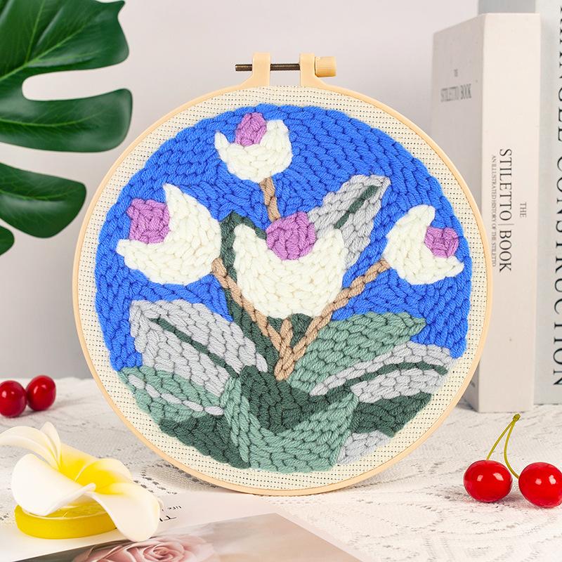 1Set Embroidery Floral Pattern DIY Punch Needle Embroidery Kit with Yarn Starter Kit Poking Cross Stitch Tools For Knitting