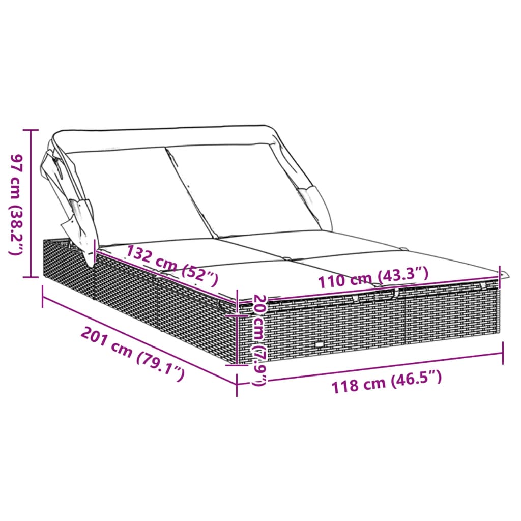 2 Person Sun Lounger with Canopy Black 213x118x97 cm Poly Rattan