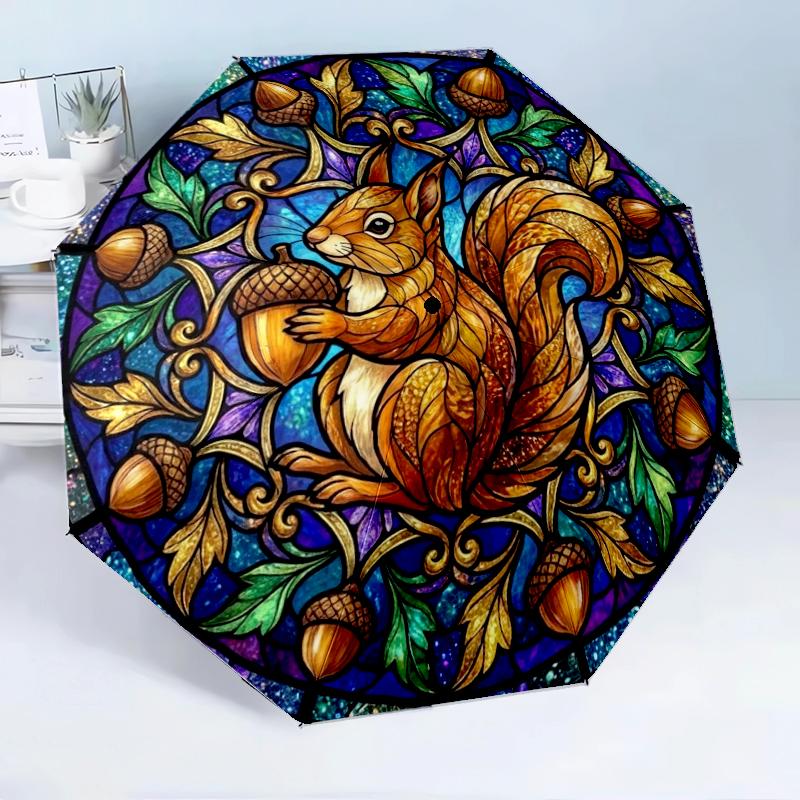 Squirrel And Acorns Stained Glass 8-Frame for Travel, Camping, Casual Lightweight Portable Umbrella, Essential for Every Family Holidays Birthday Gift