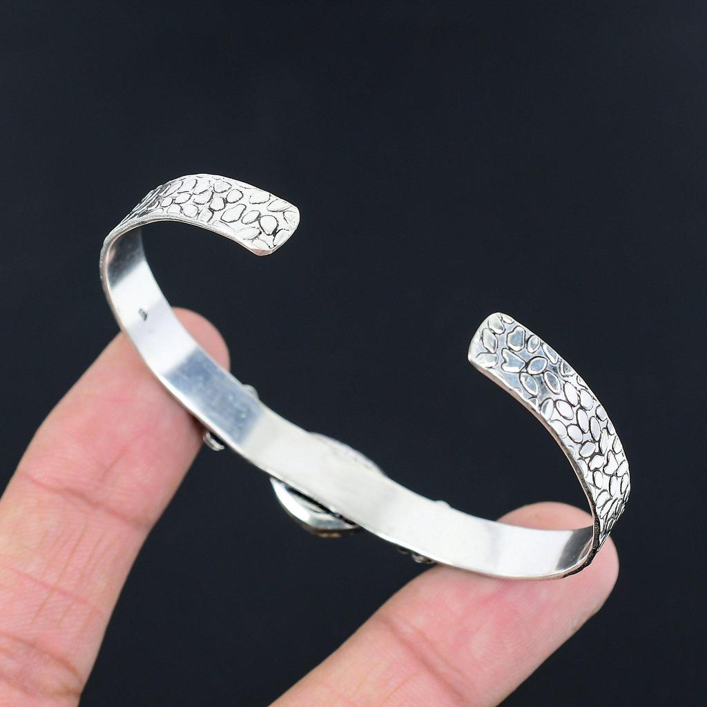 Natural Maligano Jasper Gemstone Bangle Flower Adjustable 925 Silver For Women