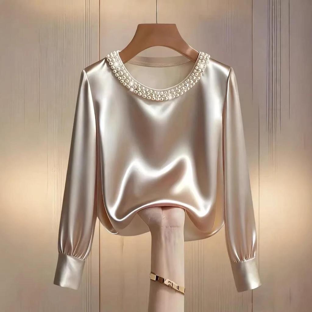 2026 French High-End Pearl Round Neck Satin Top for Women - Spring/Summer Collection