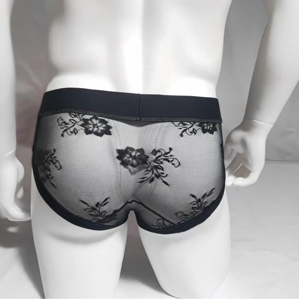 2026 Men's Breathable Mesh Lace Thong Underwear - High Elasticity, Solid Color Briefs