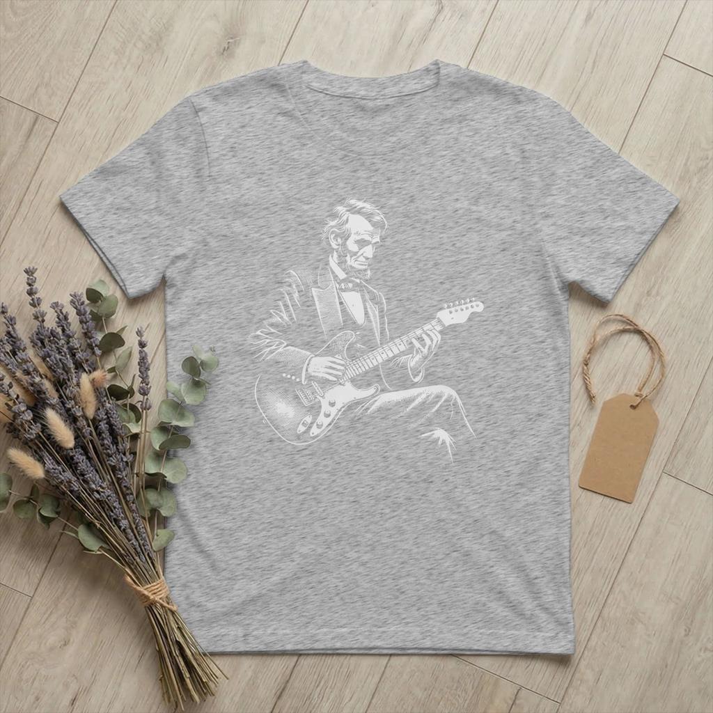 Unisexs TShirts Abraham Lincoln Playing Electric Guitar Funny Vintage Cotton Tee Short Sleeve T Shirts Crewneck Merch Printing