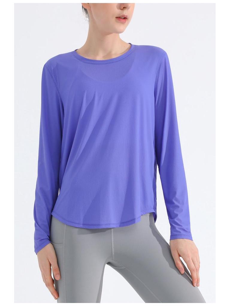 Women's Long-Sleeve Quick-Dry Yoga Top: Nude Open Back, Breathable, Loose Fit, Sun Protection for Running and Fitness.