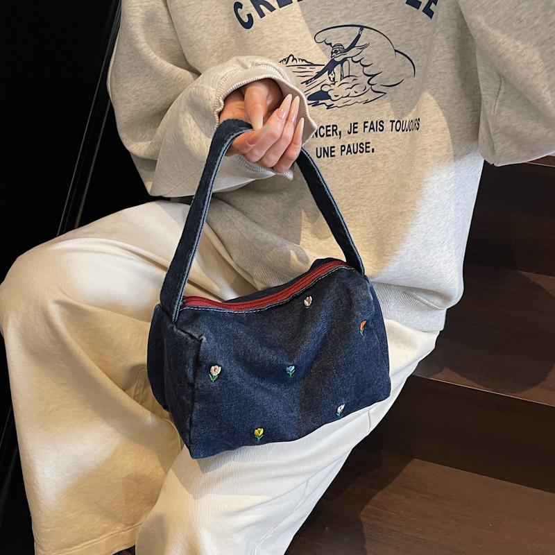 Denim Small Square Bag Flower Embroidery Lightweight Women's Shoulder Bag