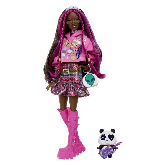 Barbie-Poupée Barbie® Extra - Aux cheveux bruns striés de rose et son panda" - HKP93