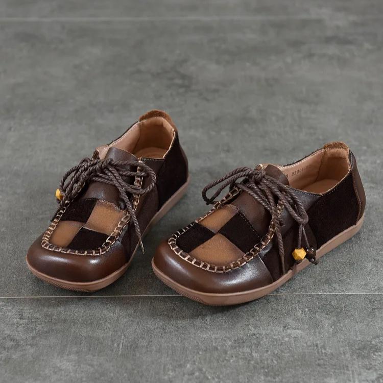 Johnature Genuine Leather Contrasting Color Flat Shoes Square Toe Stitched Lace Up Soft Soled Women's Shoes