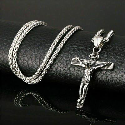 Mens Silver Stainless Steel Jesus Christ Crucifix Cross Pendant Necklace Chain