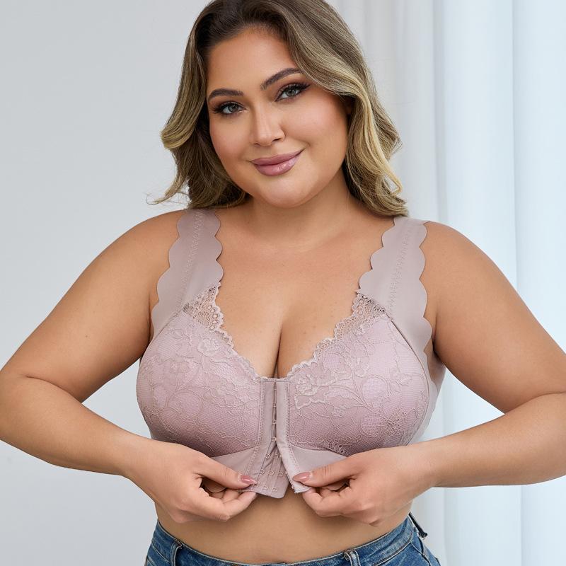 Europäische Größe Frontverschluss Spitzenunterwäsche Fixierte Cups Frontverschluss Weste Damen Übergröße Push-up-BH XL-4XL