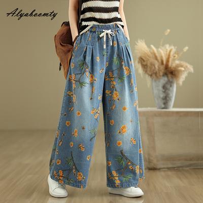 Büyük Beden İlkbahar Yaz Kadın Vintage Çiçek Desenli Kot Pantolon Bağcıklı Rahat Bol Kot Pantolon Retro Bayan Sokak Giyim Geniş Paça Kot Pantolon