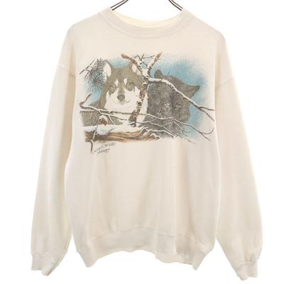 HANES 80s Made In USA Old Wolf Print Long Sleeve Trainer L White Sweat Men's Used