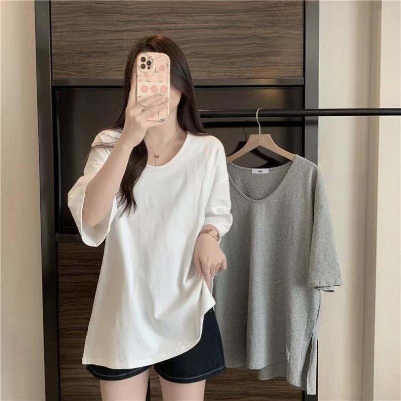 Cotton Short Sleeve Casual Loose T-shirt for Women Summer Fashion Solid Round Neck Plus Size T Shirt Woman Elegant Slim Simple Female Tee Tops 26294