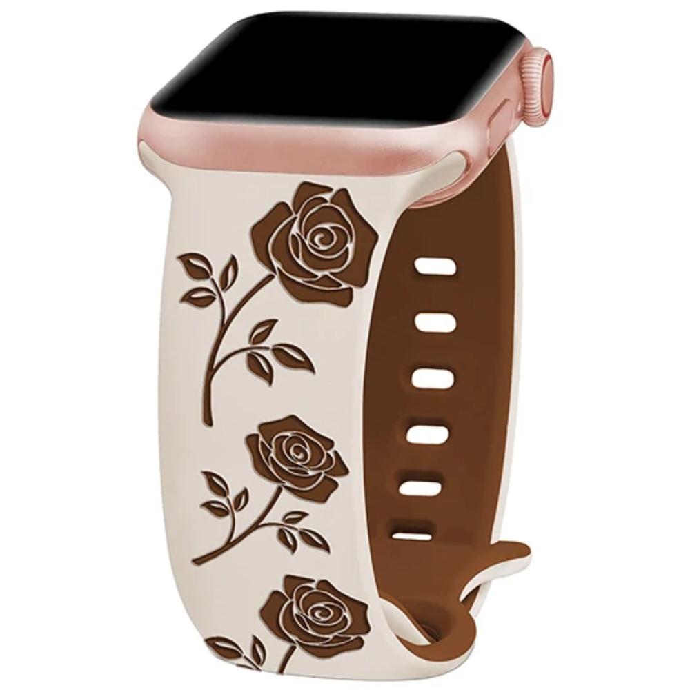 Two-Tone Flower Engraved Watch Band 46mm Compatible with Apple Watch Series 10 42mm 38/40/41/44/45/49mm for Women Rose Flower Soft Straps