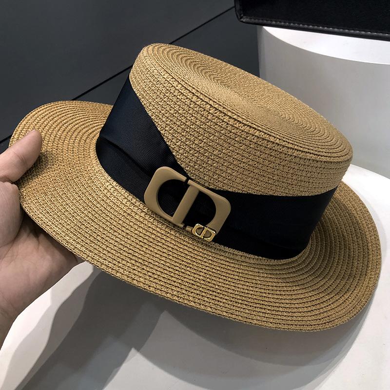Summer Women's Flat Top Straw Hat Travel Seaside Vacation Shade Sun Protection Hat Casual Straw Sun Hat