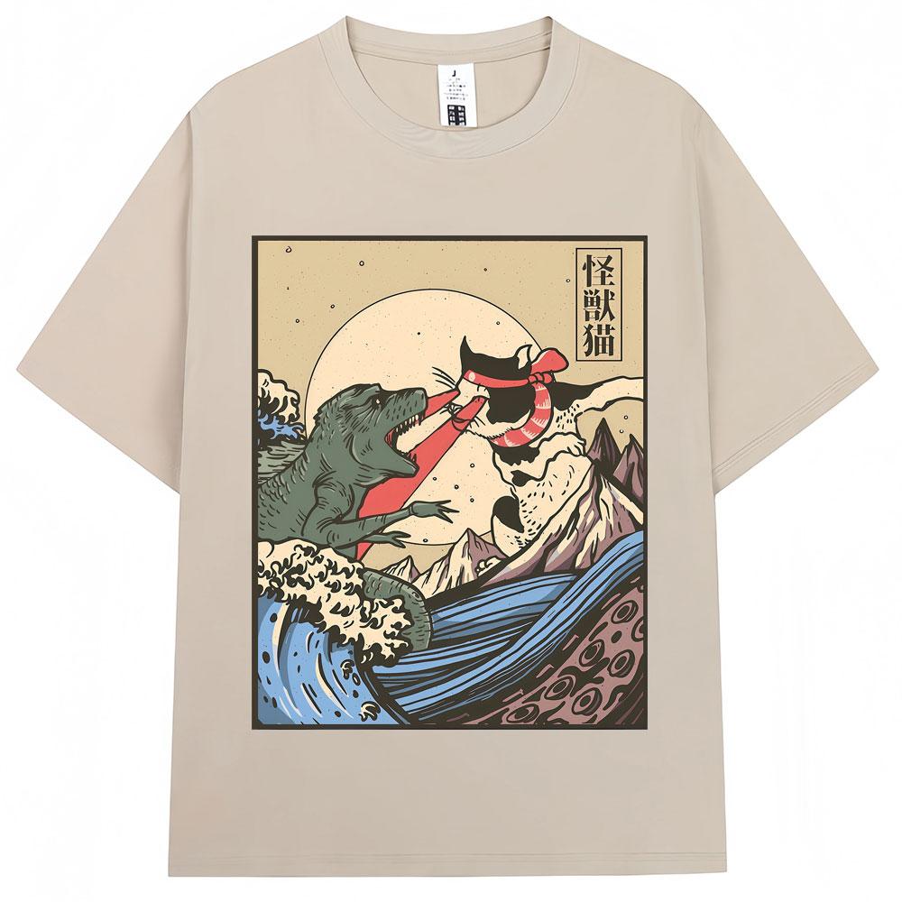 Japanese Style Kaiju Vs Cat Funny Meme Graphic Tshirts Men Women Fashion Vintage Manga T Shirts Oversized Cozy Cotton T Shirt