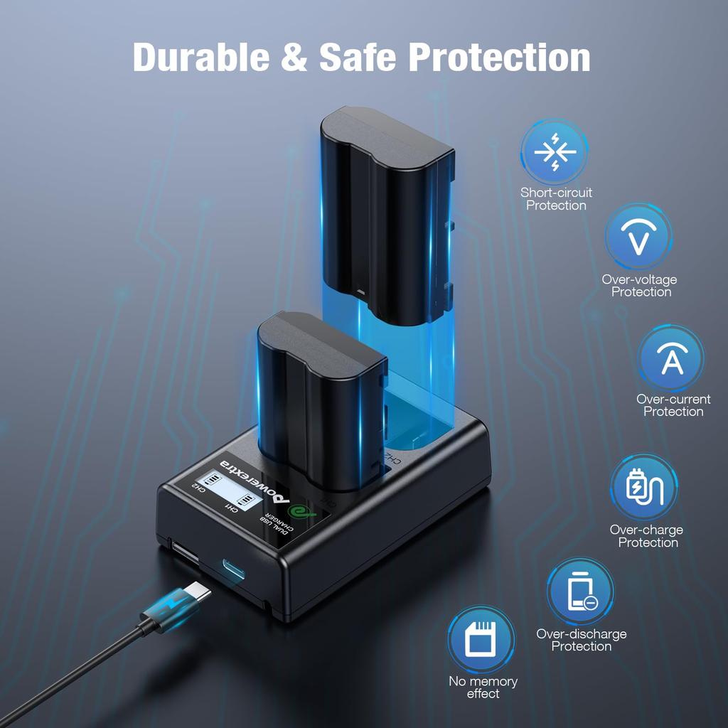 Powerextra and Dual USB Charger Set for Nikon D850 Cameras EN-EL15a, EN-EL15b, EN-EL15c Zf, Z8, Z7, Z7II, Z6, Z6III, D7500, D7000, D7100, D7200, D500,