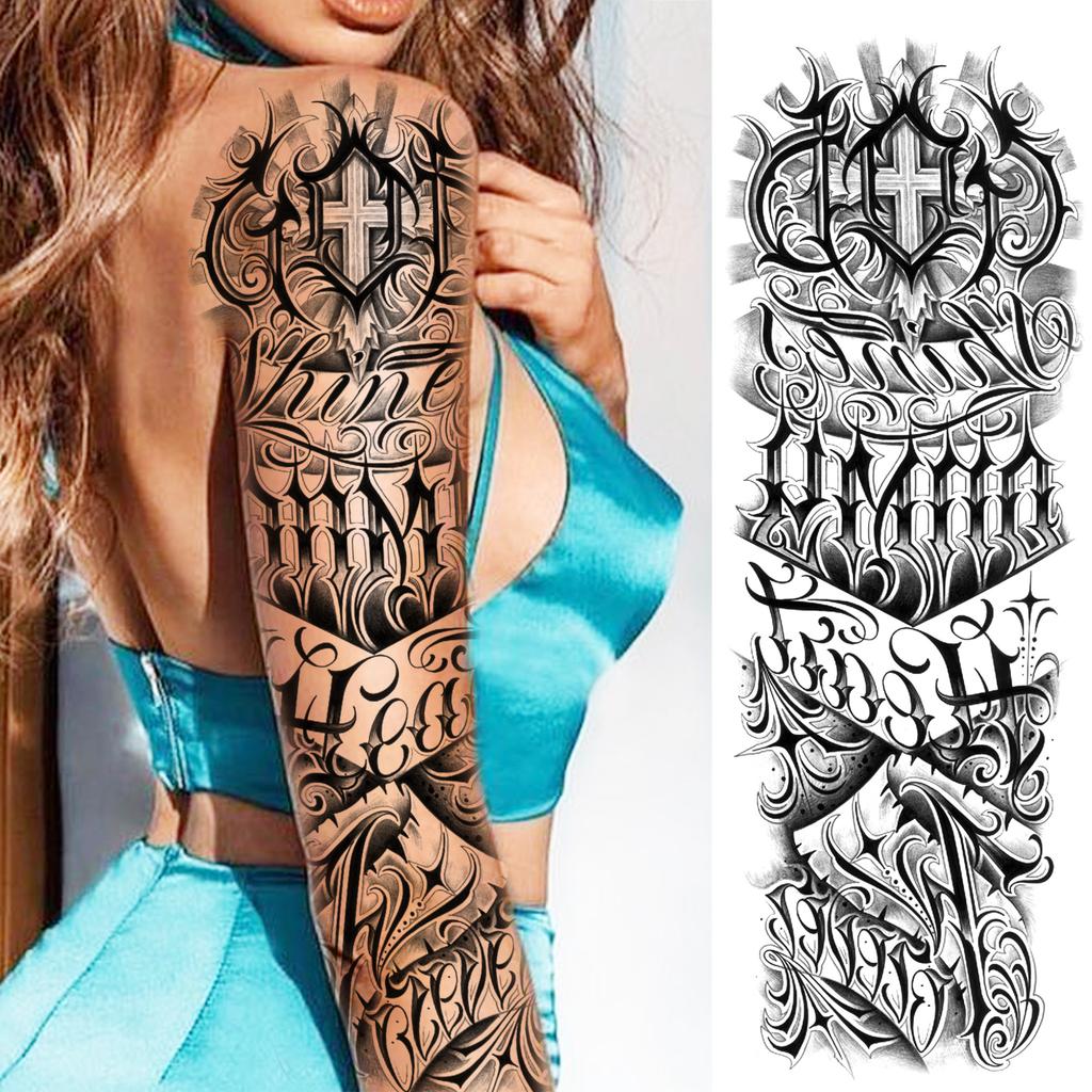 1 Sheet Long Sleeve Temporary Tattoos For Men Women Flower Skull Lion Wolf Tiger Nun Fox Compass Tattoo Sticker Body Art Arm Leg