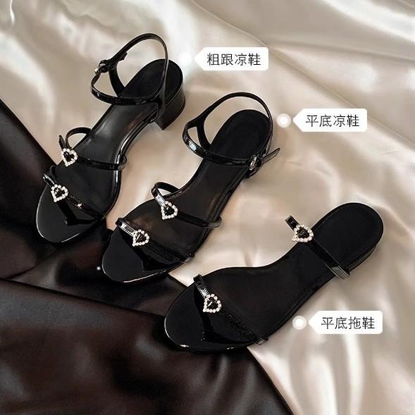 Sheepskin version~ French rhinestone love buckle flat-soled sandals for women's summer versatile round head with thick heels and cool slippers