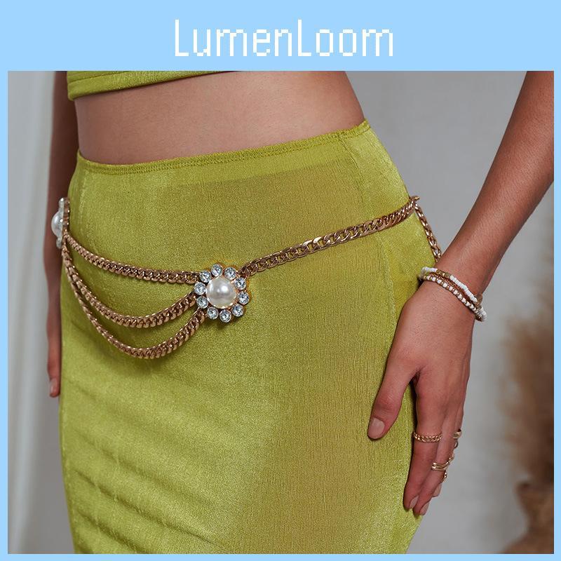 Womens Gold Metal Waist Chain With Artificial Pearl Flower Decor For Formal Events