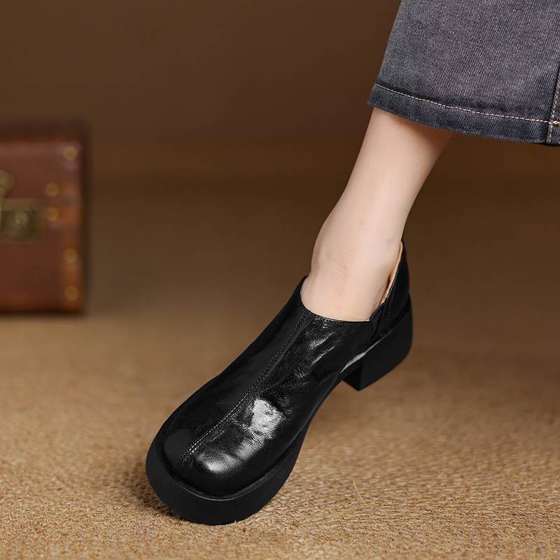 Krazing Pot Sheep Skin Autumn Winter Shoes Chunky Heels Size 43 Size 42 Round Toe Slip On Deep Mouth Pumps