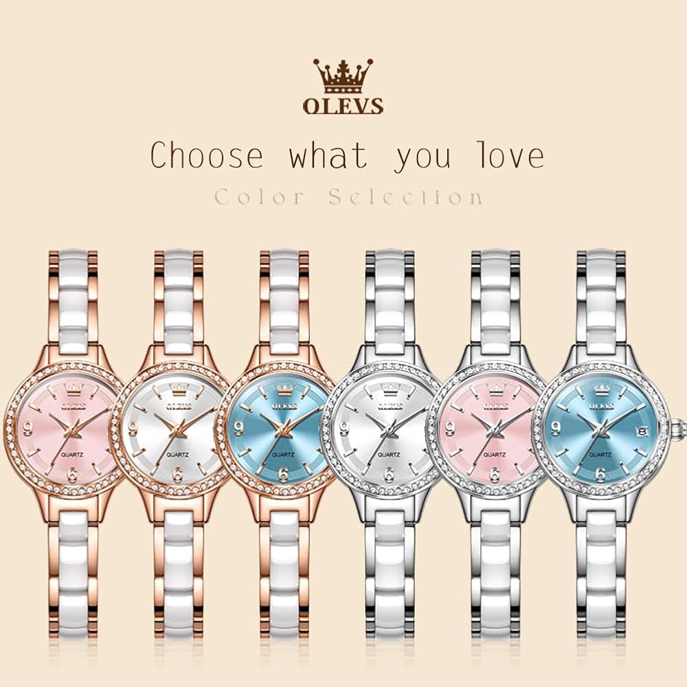 OLEVS Women's Ceramic Diamond Quartz Watch Waterproof Luminous Gold-Pink