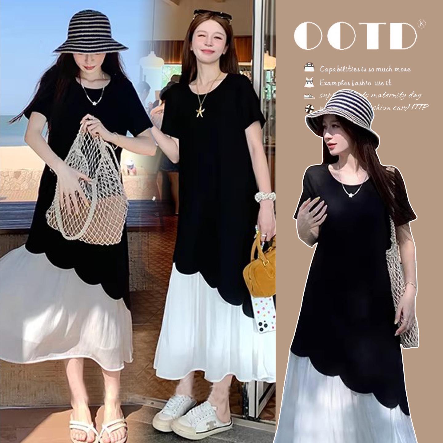 2026 Summer Korean Style Maternity Dress: Fashionable Patchwork Two-Piece Skirt, Simple, Loose, Belly-Concealing. Extra Large