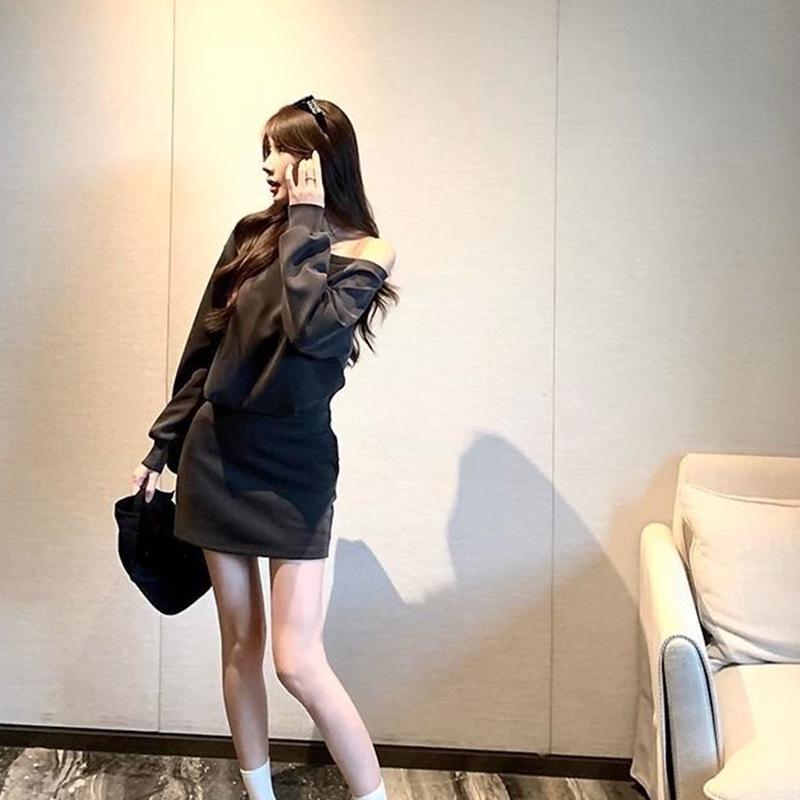 Korean Chic Off-the-Shoulder A-Line Slimming Long-Sleeve Dress for Women L чёрный
