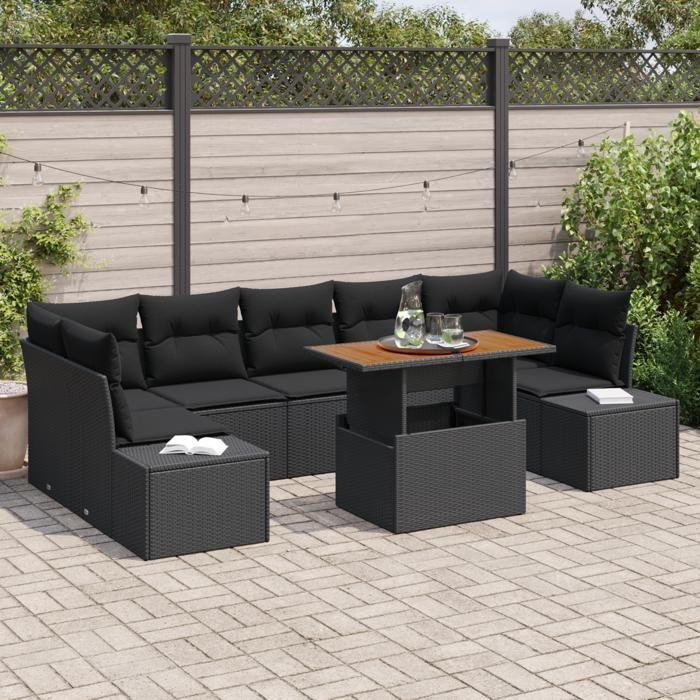 VidaXL Set de salle à manger de jardin 8 pièces avec coussins en poly rattan noir et acacia 3349932