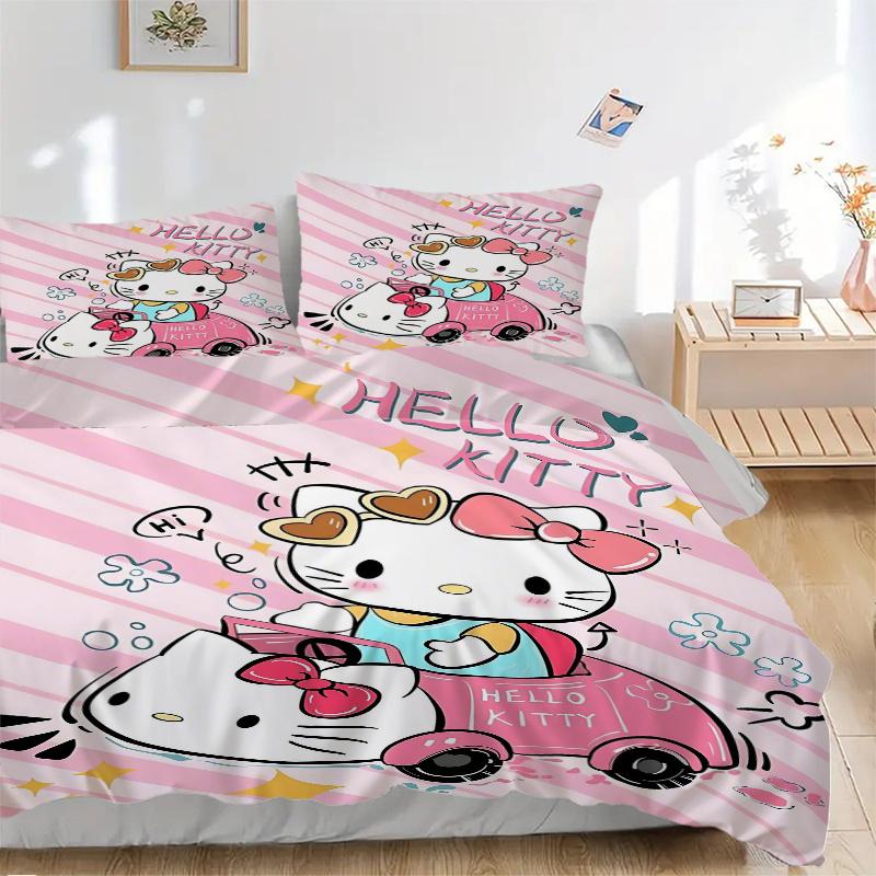 

3pcs Hello Kitty s Pink Adventure Pattern Bedding Set, 1* Cover + 2*Pillowcases, Printed Bedding Set, Soft and Comfortable H051 135x200cm