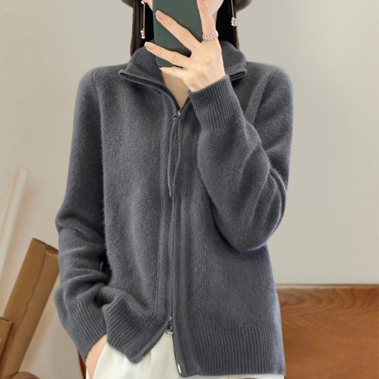 Women Knitted Sweater Coat High Collar Long Sleeve Double Zipper Placket