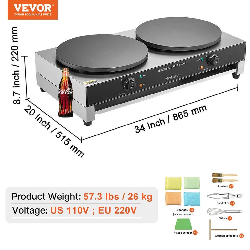 16-Inch Electric Crepe Maker Commercial Crepe Machine 6000W Double Head