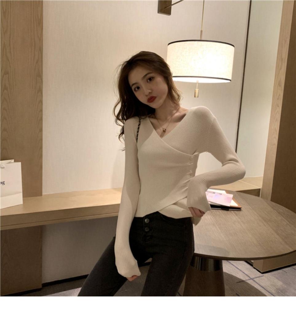 2026 Autumn/Winter Women's V-Neck Slim Fit Knit Sweater - Korean Style Long Sleeve Top