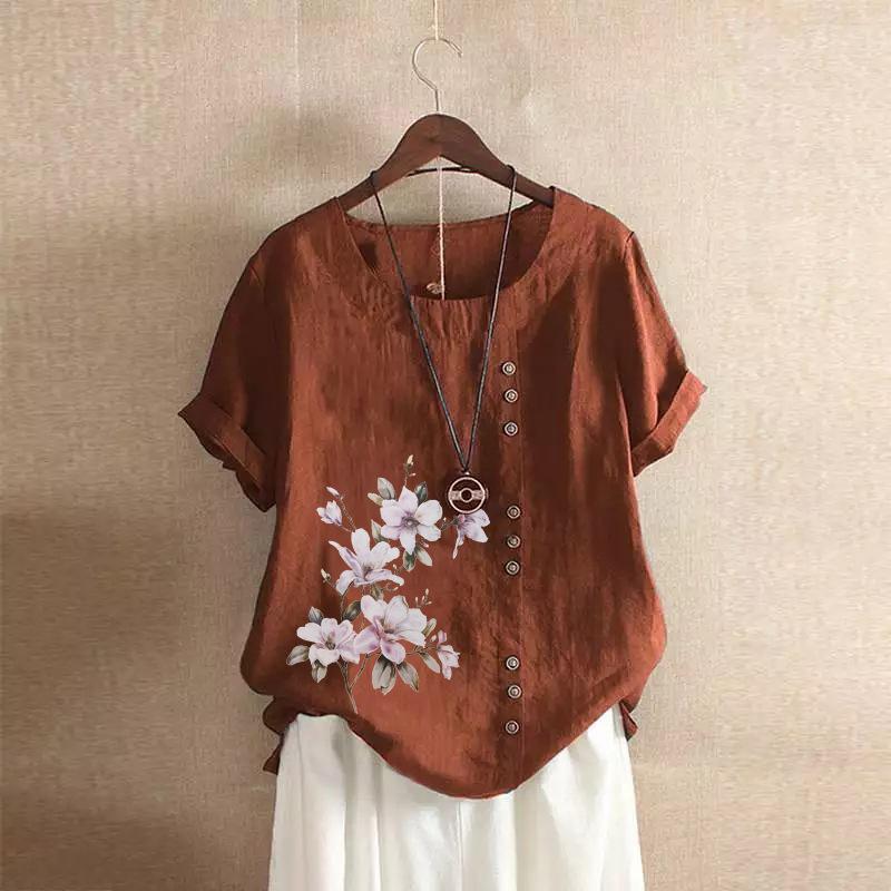 Bavlněné a lněné dámské letní volnočasové volné tričko s krátkým rukávem nadměrné velikosti bavlněné a lněné dámské oblečení