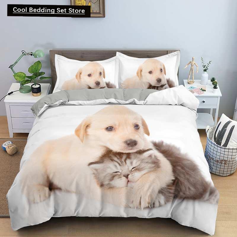 Dog Cat King Queen Duvet Cover Pet Kitty Puppy Bedding Set for Kids Teens Adults Lovely Animals Blue Soft 2/3pcs Quilt Cover