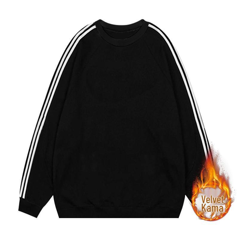 

Толстовка для пары на флисовой подкладке 2025: Толстовка с тремя полосками, свободного кроя, с круглым вырезом и длинными рукавами для женщин L чёрный