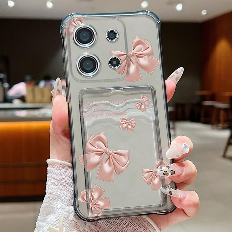 Bowknot Pattern Card Slot Clear Phone Case For Xiaomi 14T 13T Pro Poco F6 Pro X6 C65 Redmi Note 13 Pro 12 11 Soft Silicone Shockproof Bumper Cover