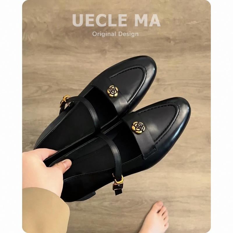 Sheepskin version~ Genuine leather retro camellia Mary Jane women's shoes spring and autumn small leather shoes thick heel single shoes