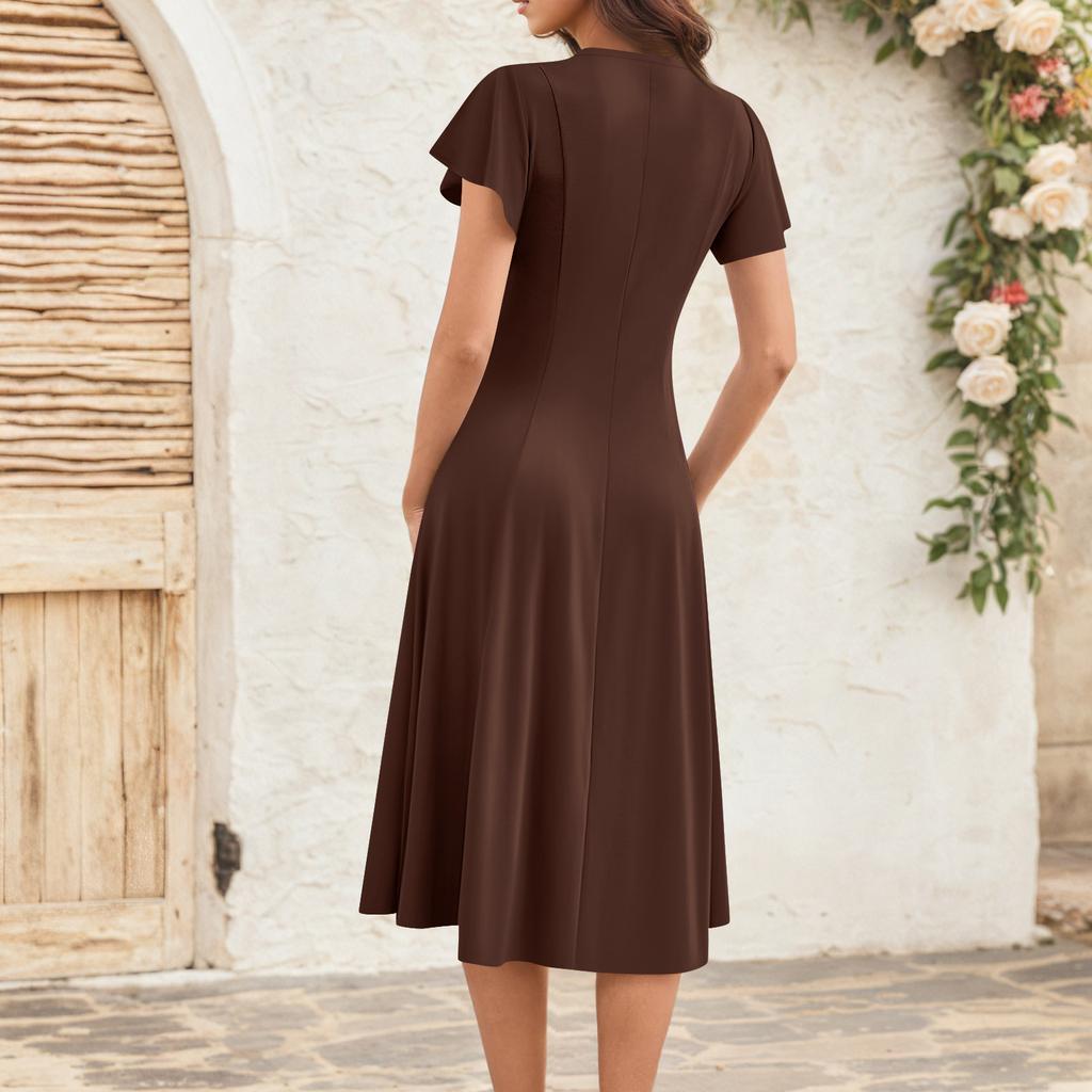 Damska Letnia Moda Sukienka Midi z Dekoltem V i Falbankowymi Rękawami w Stylu Retro