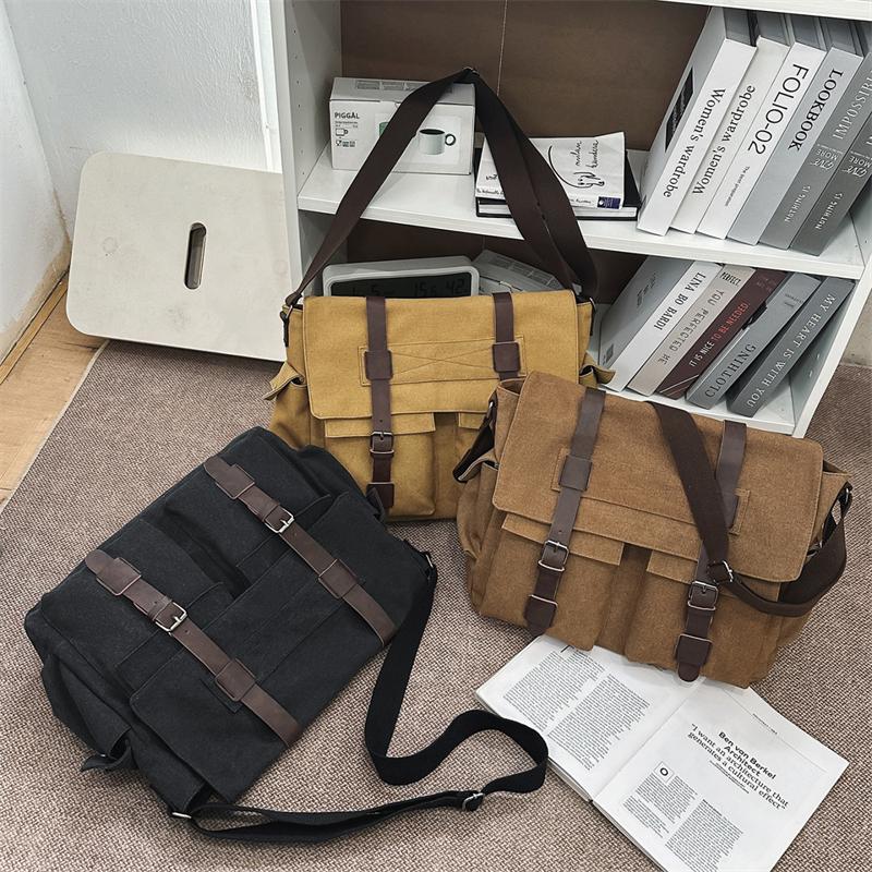 Canvas Bag Business Shoulder Crossbody Bag Large Capacity Lightweight Contrast Color Student Bag