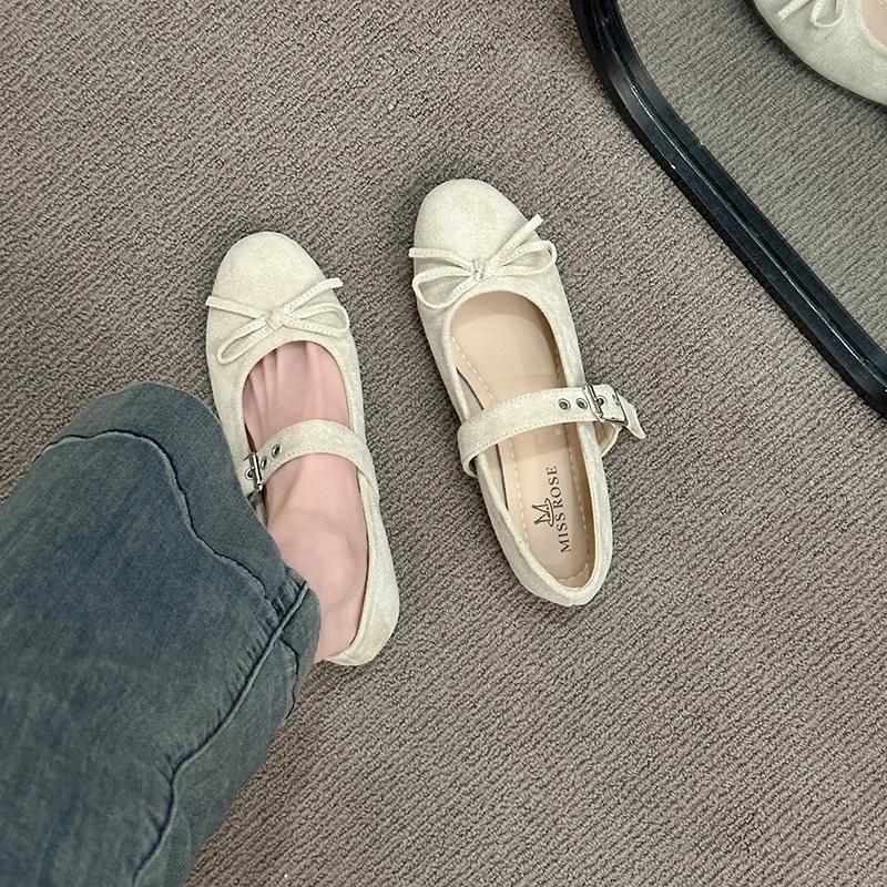 Fashion Shoes Woman 2025 Bow-Knot Female Footwear Shallow Mouth New Retro Butterfly Summer Dress Flock Flat Spring Butterfly-knot Mary