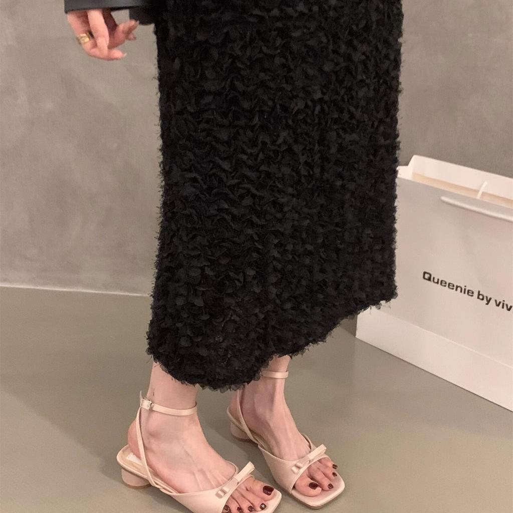 French Thick Heel Thin Strap Sandals Women'S Summer Skirt One Word With Bow Open Toe Silver Cool Slippers