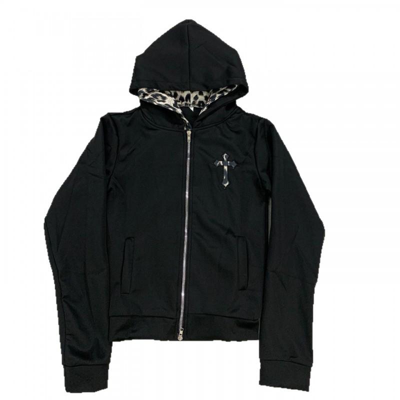Kapüşonlu Uzun Kollu Leopar Desenli Çapraz Nakışlı Sahte İki Parça Tasarım Kadın Sweatshirt Sokak Giyimi